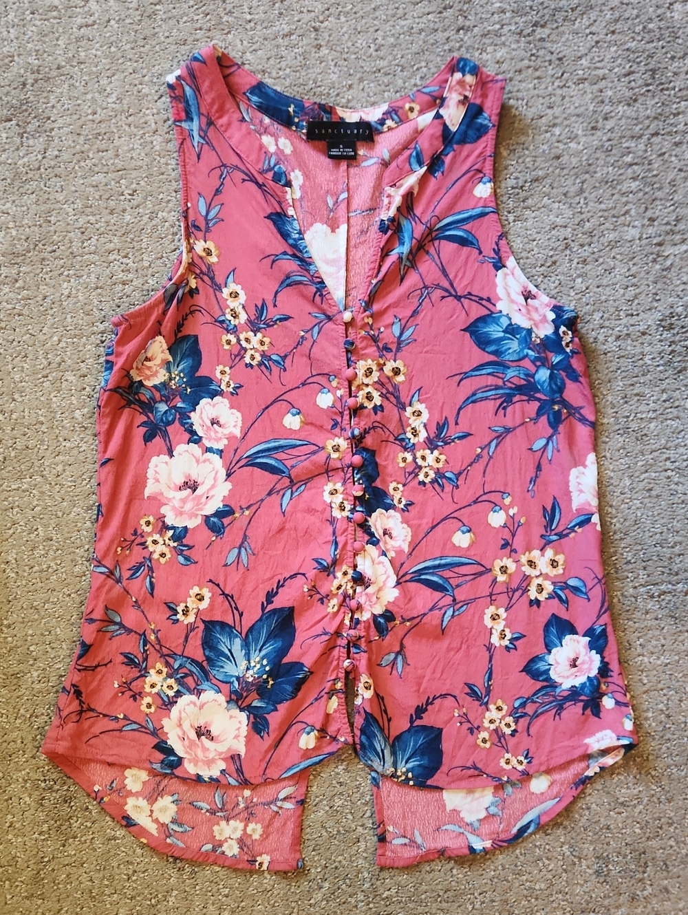 Sleeveless Floral Button-Front Top - Coral Pink